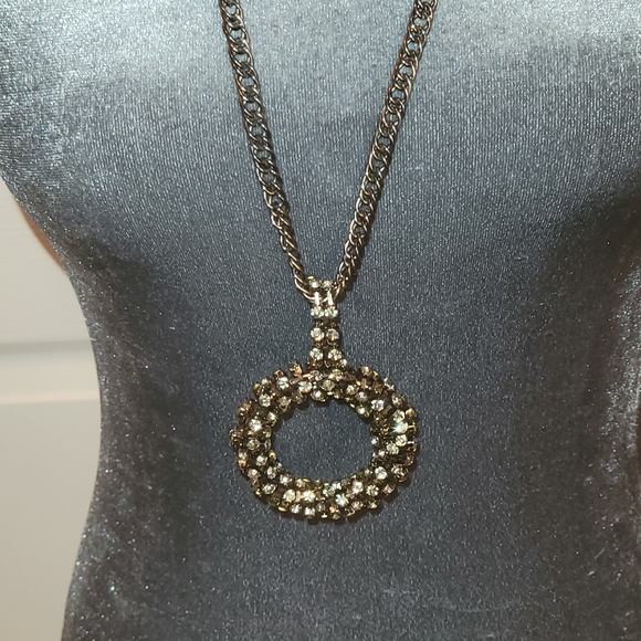 Long Black & Rhinestone Circle Necklace - Picture 1 of 3